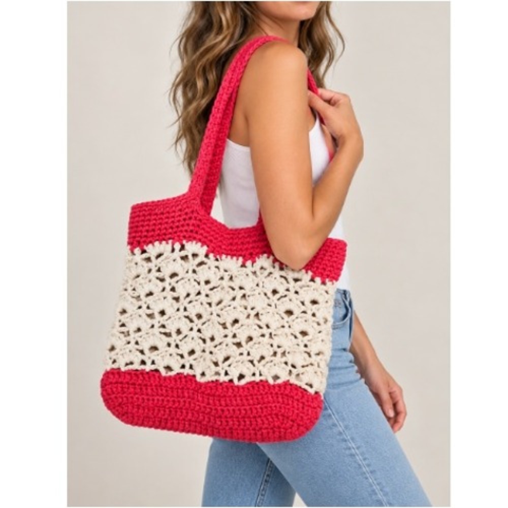 Handmade Crochet Tote Bag Pink Cream Shell Stitch Boho Shoulder Beach Market